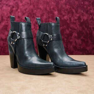 Jeffrey Campbell Women Engine Black Leather Moto Biker Pointy Ankle Boots 6.5